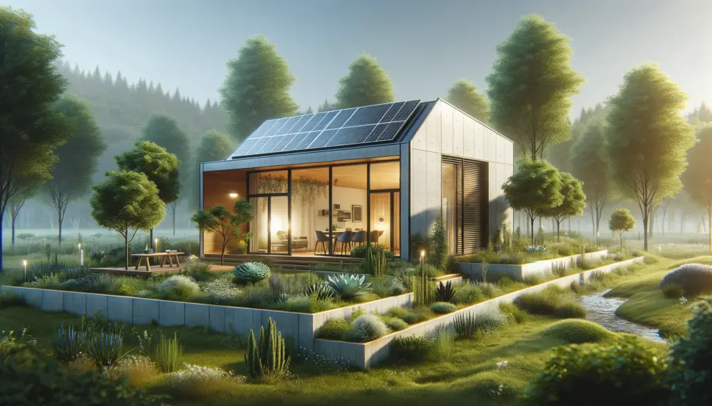 A modern and sustainable prefabricated house located in a natural setting symbolizing the home buying process in 2024