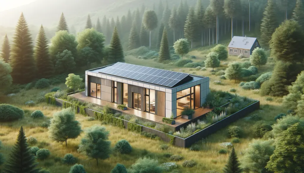 A modern prefabricated house in a natural setting with an innovative and sustainable design featuring solar panels and surrounded by vegetation