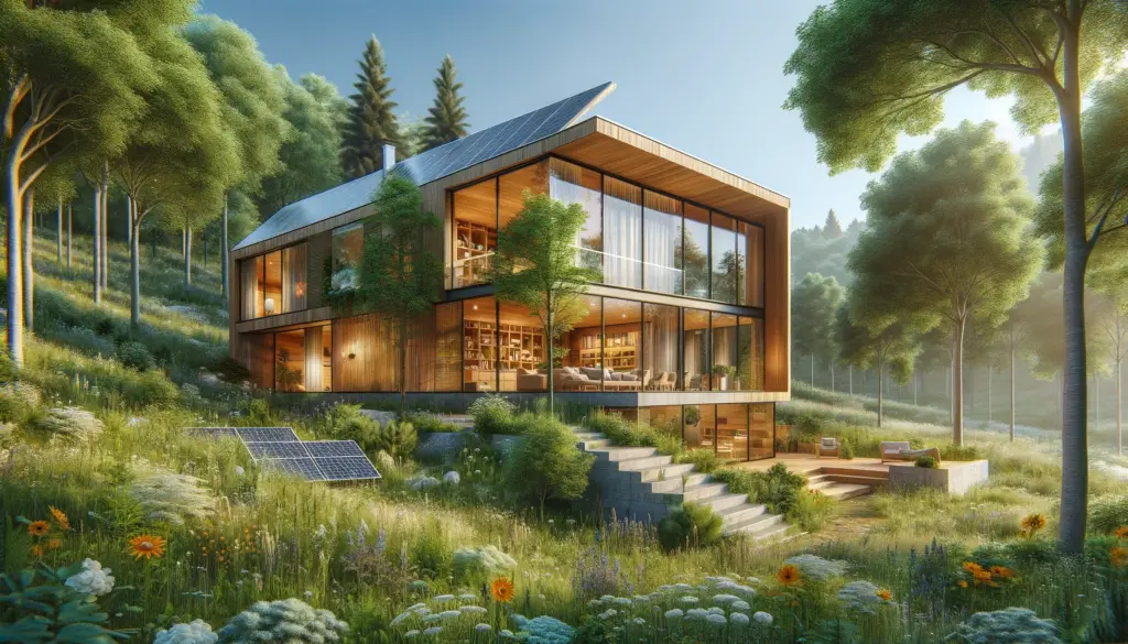 A modern wooden house situated in a natural setting emphasizing sustainability and connection with nature