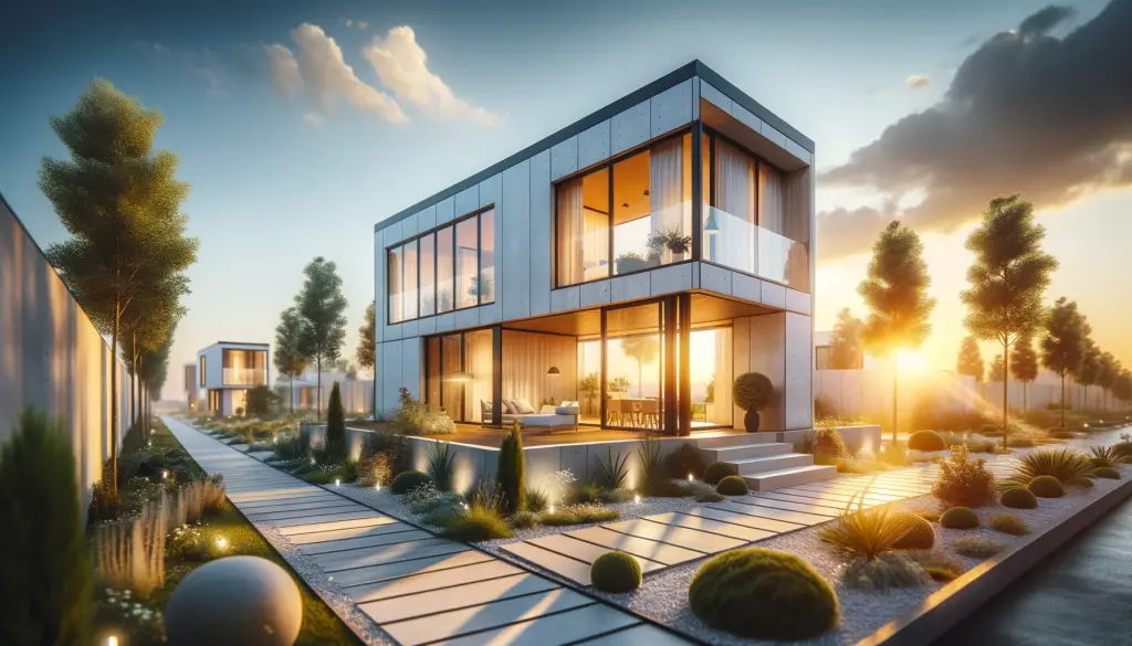 a modern prefabricated house at sunset capturing the beauty and innovation of prefabricated construction