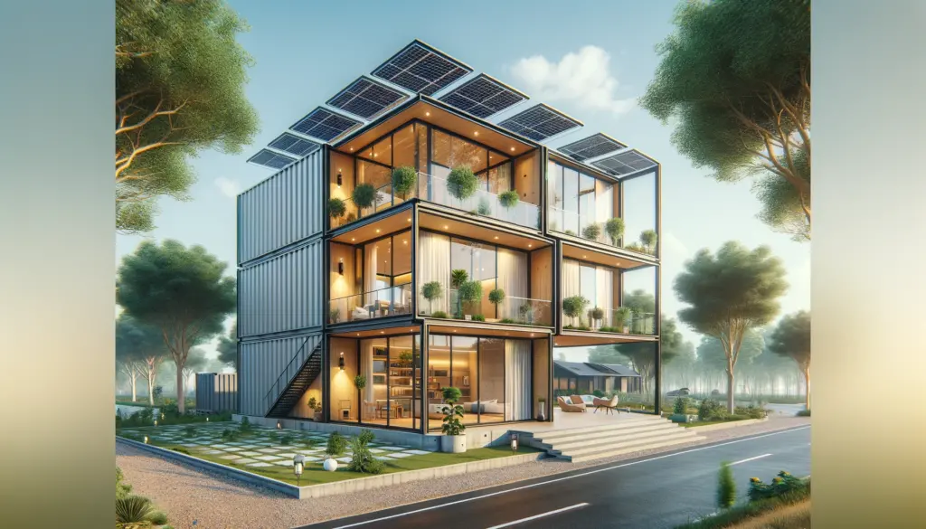 casa moderna y elegante construida con contenedores de transporte en un entorno natural con arboles y un cielo claro
