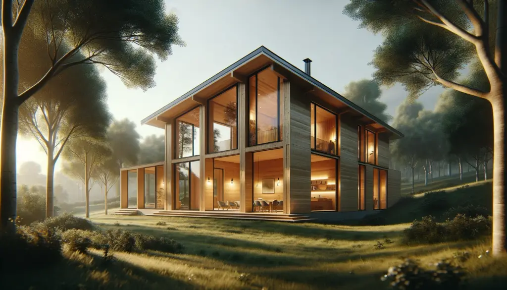 hermosa casa de madera moderna situada en un paisaje natural tranquilo con grandes ventanas que permiten la entrada de mucha luz natural