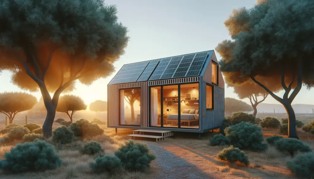 mini casa prefabricada moderna situada en un entorno natural con grandes ventanas y rodeada de arboles