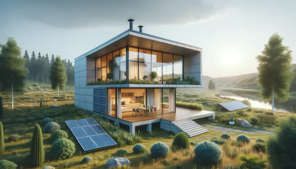moderna casa prefabricada modular con grandes ventanas y paneles solares en el techo rodeada de un paisaje natural