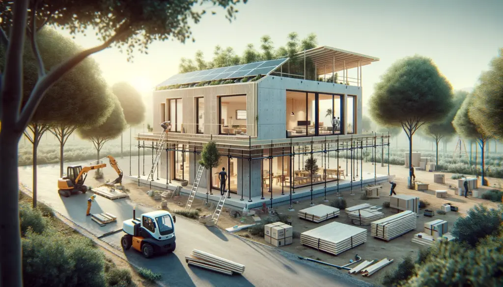moderna casa prefabricada siendo instalada en un hermoso entorno natural reflejando el ano 2024